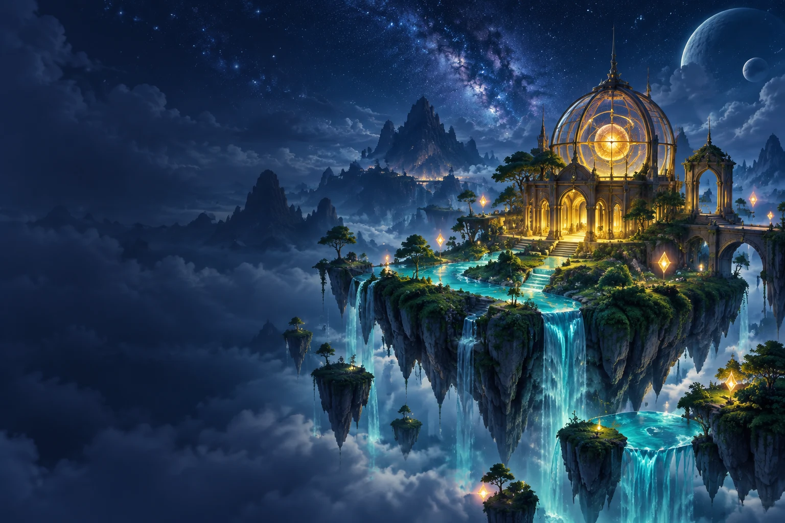 An original floating island observatory in a luminous blue world